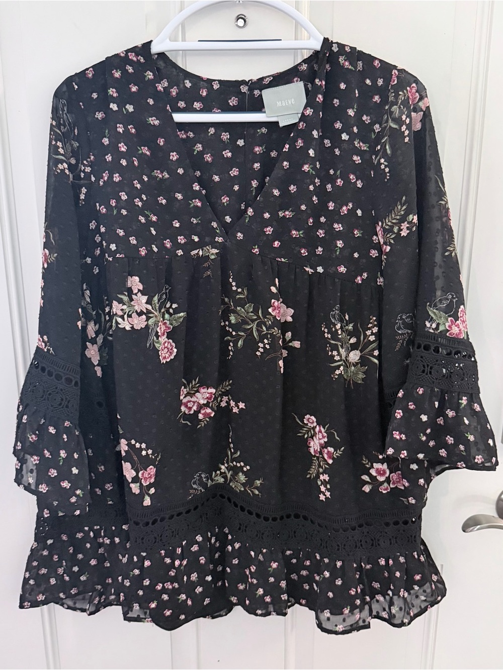 Anthropologie Maeve Steffy Blouse L | Black Pink Floral Swiss Dot